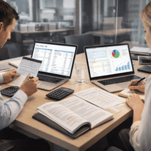 Students learning Accounting and Bookkeeping concepts with financial statements, balance sheets, and accounting software in a modern office.