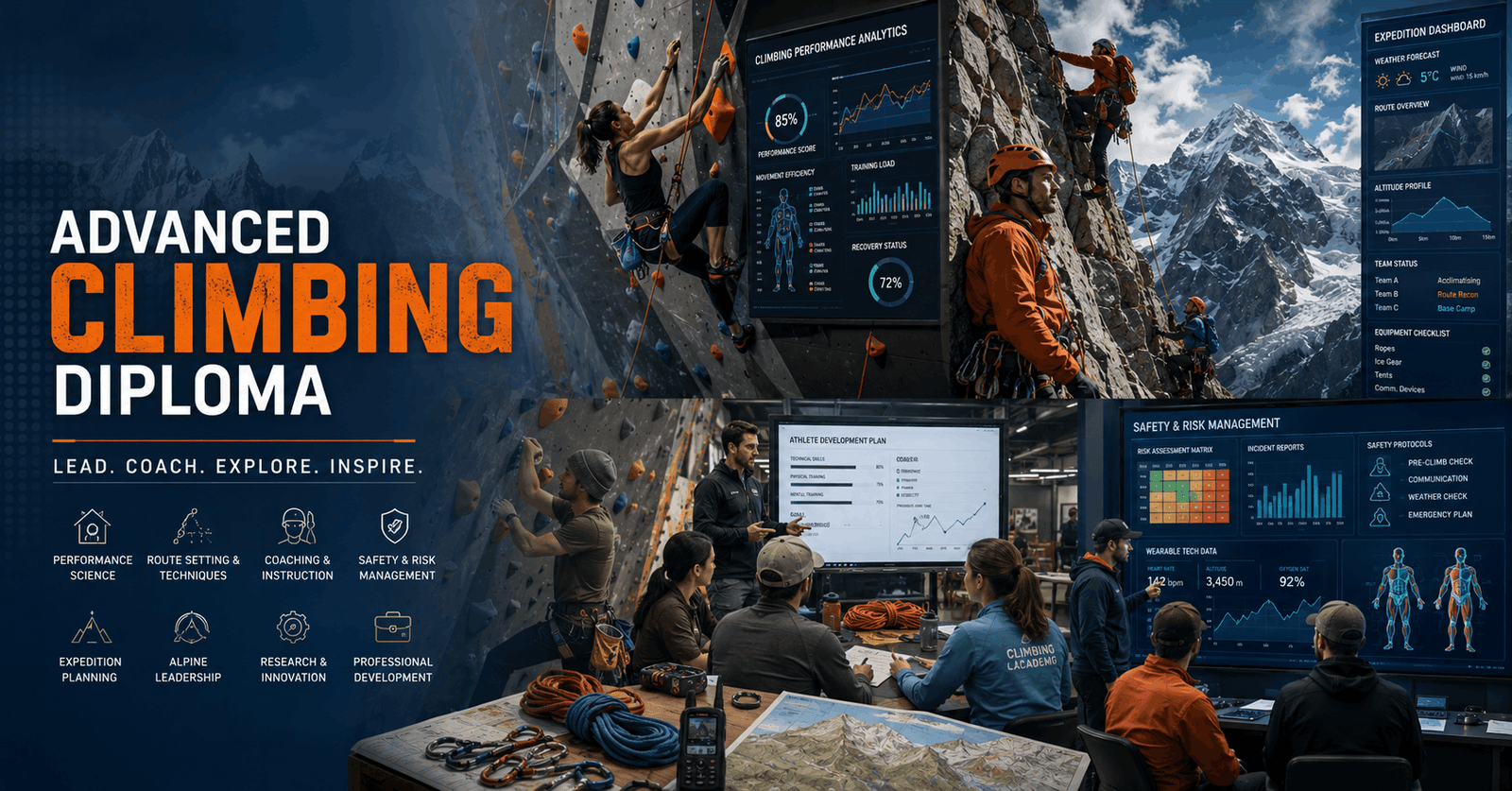 Professional climbers training on advanced climbing routes during Advanced Climbing Diploma instruction