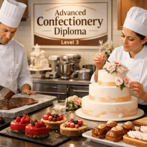 Professional pastry chef creating chocolates and sugar art in an Advanced Confectionery Diploma kitchen