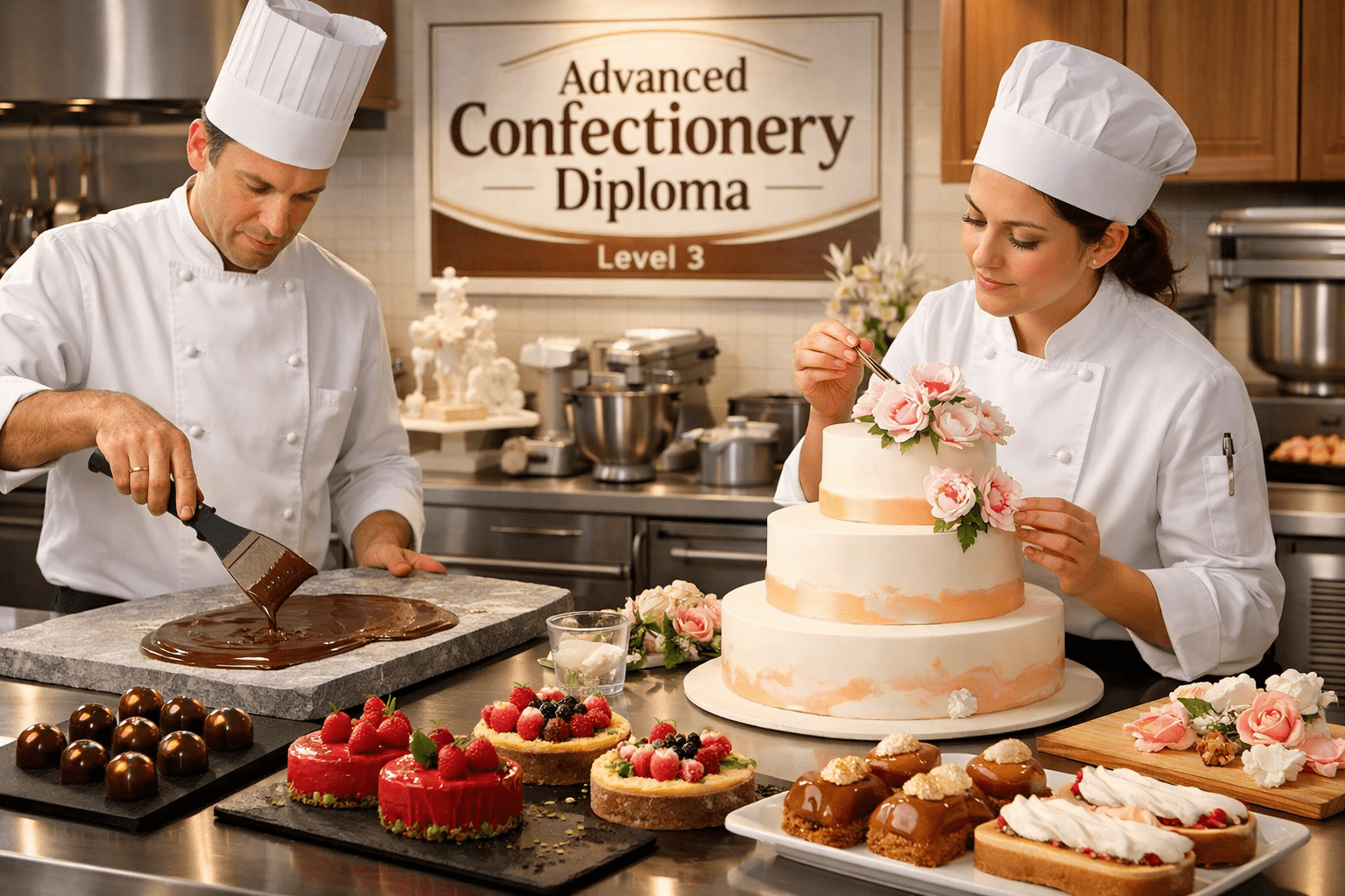 Professional pastry chef creating chocolates and sugar art in an Advanced Confectionery Diploma kitchen