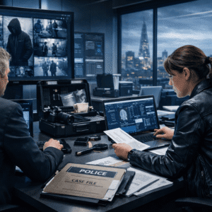 UK investigator using surveillance and forensic tools in advanced detective diploma Level 8 training