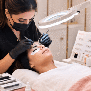 Advanced Eyelash Extension training showing professional lash application and styling techniques