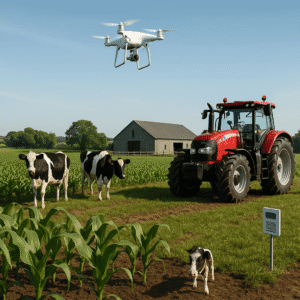 Modern farm scene with crops, livestock, smart farming tools and machinery representing the advanced farming diploma.