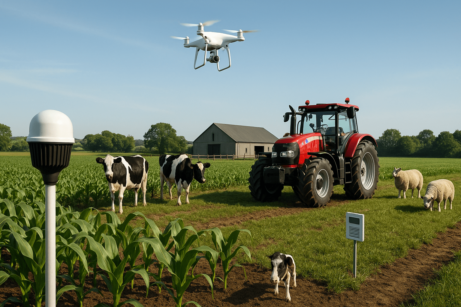 Modern farm scene with crops, livestock, smart farming tools and machinery representing the advanced farming diploma.