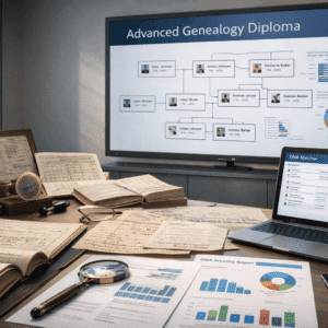 Advanced Genealogy Diploma Level 3 training with DNA analysis, historical records, family trees, and professional research tools