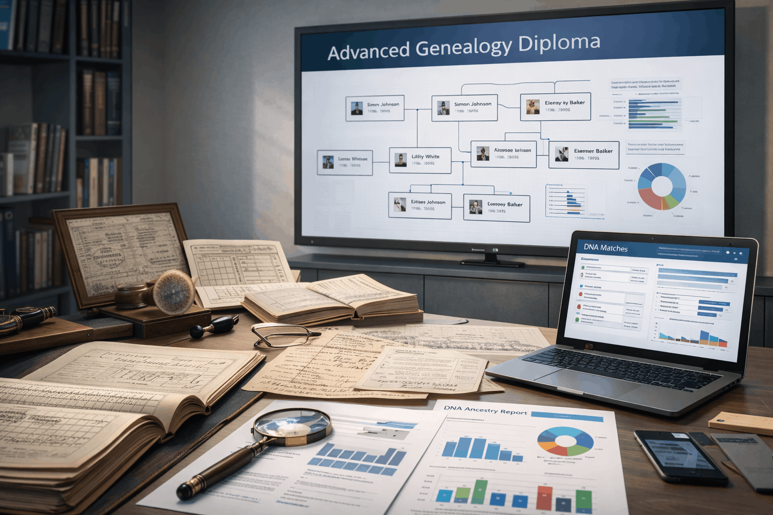 Advanced Genealogy Diploma Level 3 training with DNA analysis, historical records, family trees, and professional research tools