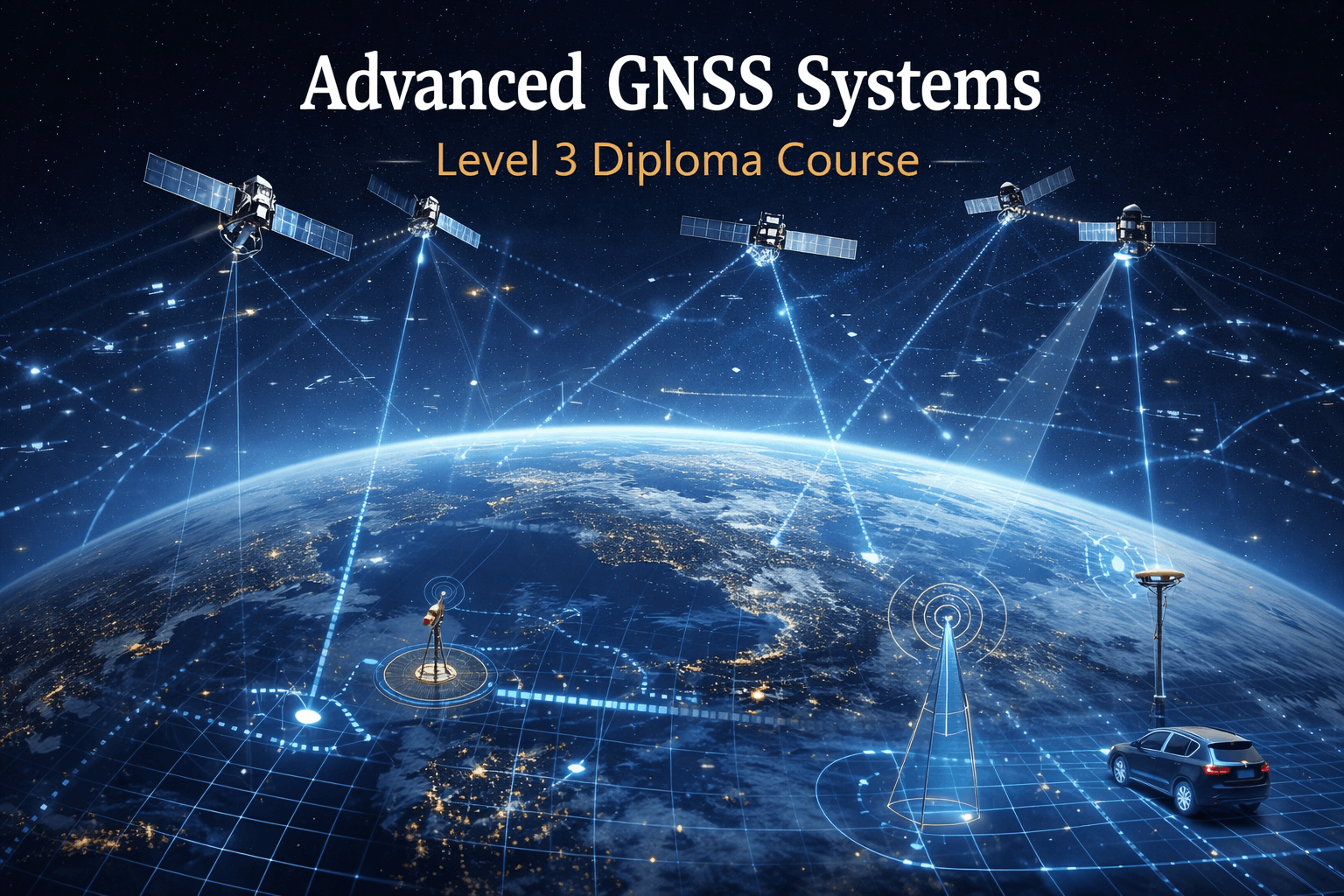 Advanced GNSS systems visual showing satellites, signal processing, and high-precision positioning technology