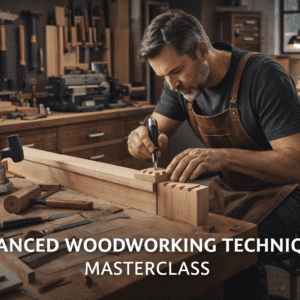 Advanced Woodworking Techniques showing expert craftsperson using precision joinery, routers, and fine finishing methods.
