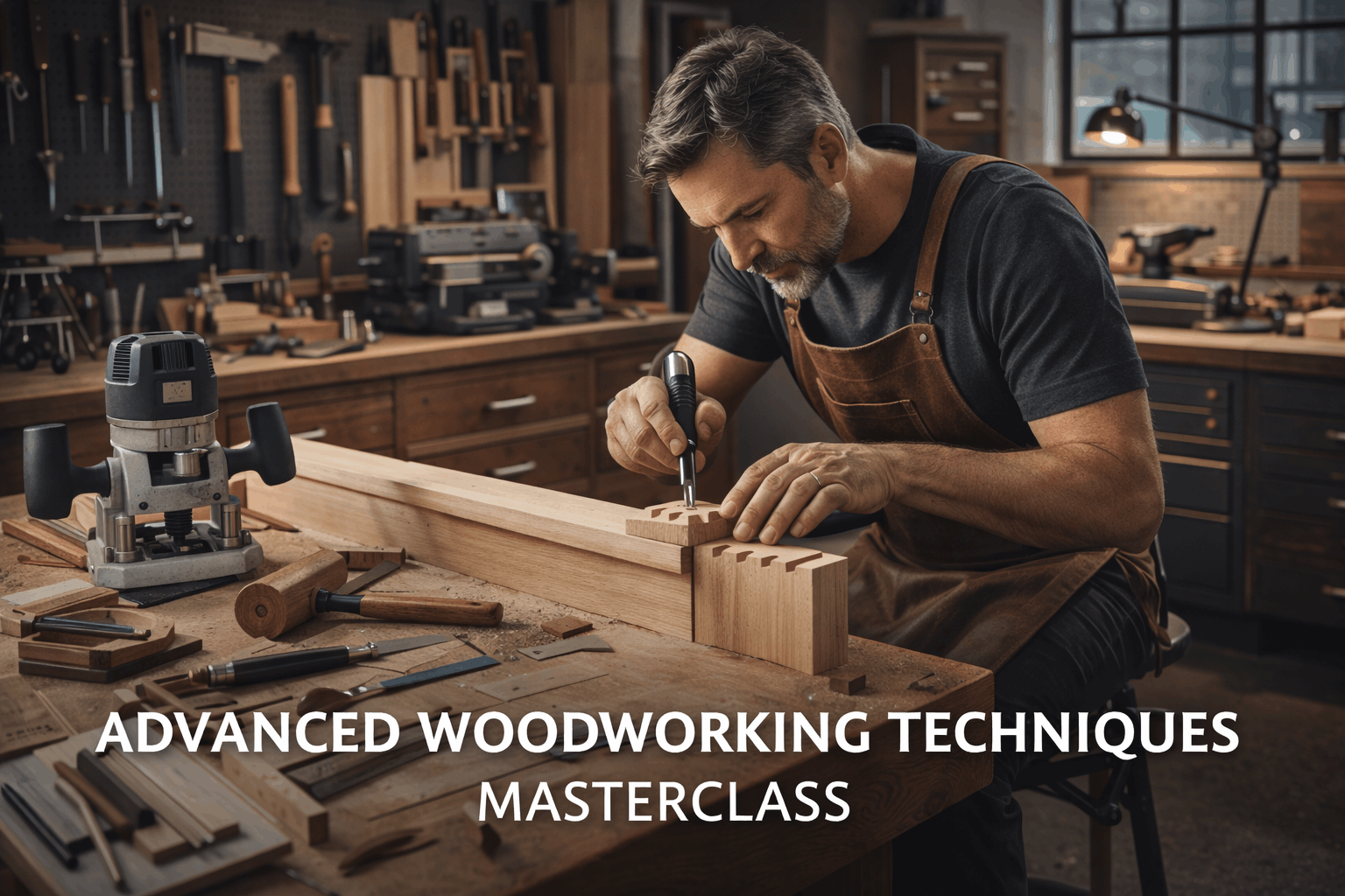 Advanced Woodworking Techniques showing expert craftsperson using precision joinery, routers, and fine finishing methods.