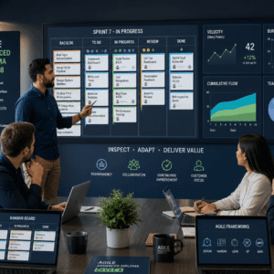 Professional team collaborating on Agile Advanced Diploma training using Scrum boards and digital tools in a modern workspace