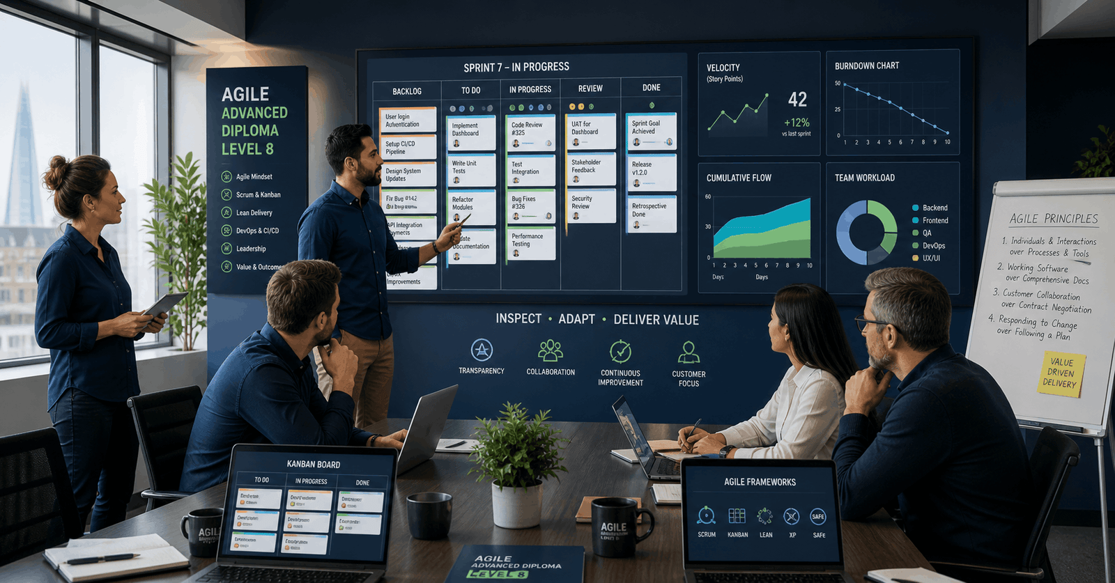 Professional team collaborating on Agile Advanced Diploma training using Scrum boards and digital tools in a modern workspace