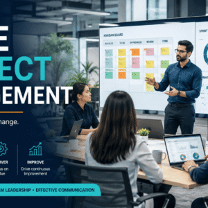 Professional team collaborating with Agile Project Management tools, Scrum boards, and project planning dashboards