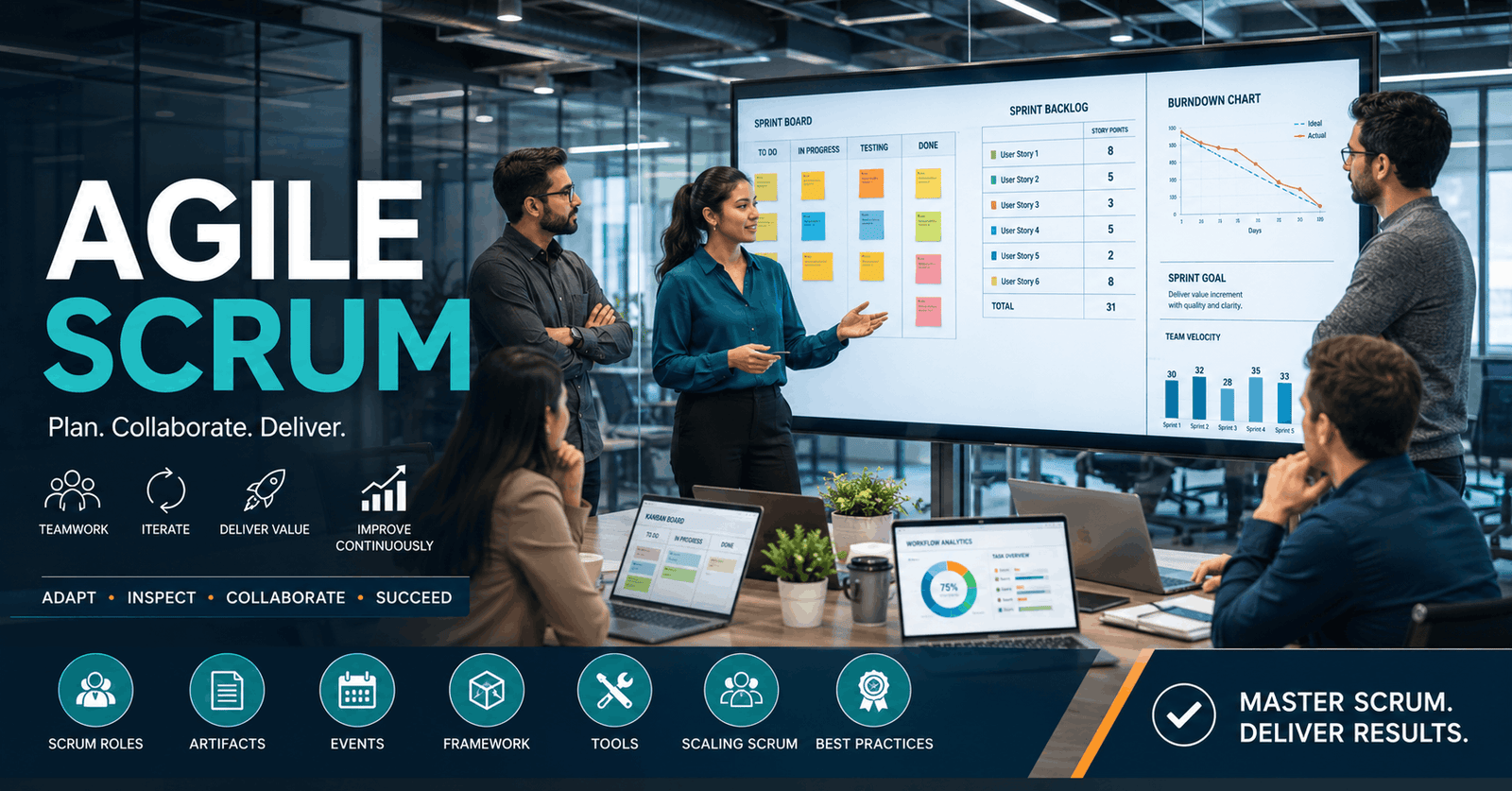 Professional team using Agile Scrum boards, sprint planning tools, and collaborative project management techniques