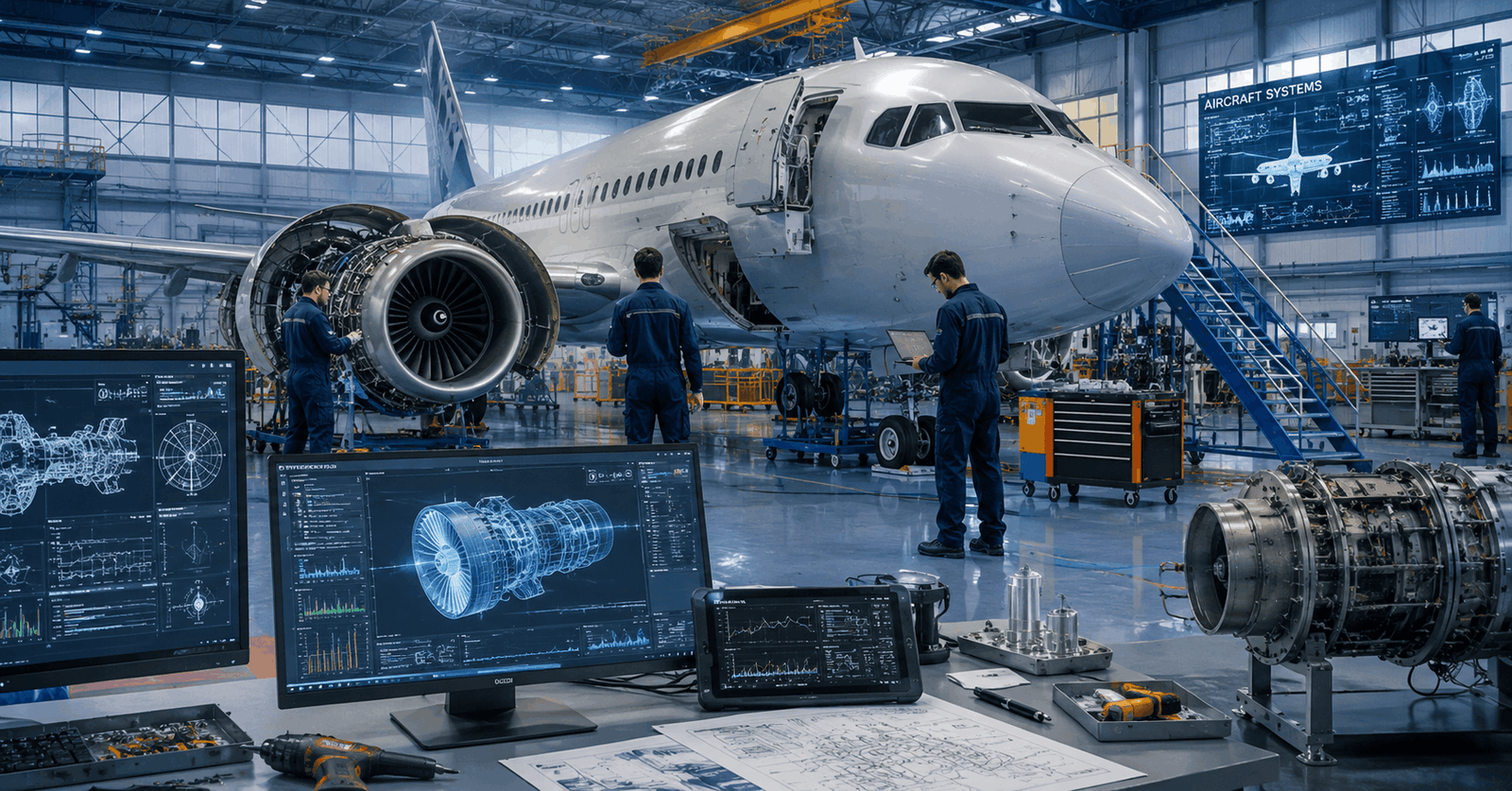 Aircraft engineers inspecting a modern aircraft during an Aircraft Engineering Course training session