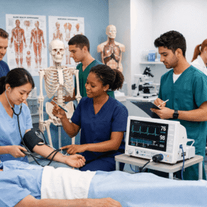 Students training in clinical skills for the Allied Health Diploma Level 3 Advanced in a modern healthcare learning environment