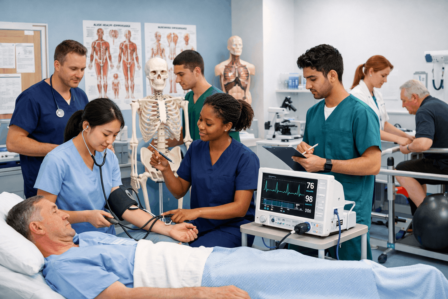 Students training in clinical skills for the Allied Health Diploma Level 3 Advanced in a modern healthcare learning environment