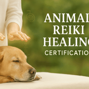 Animal Reiki Healing course banner showing a practitioner gently offering Reiki energy to a relaxed animal in a calming natural setting.