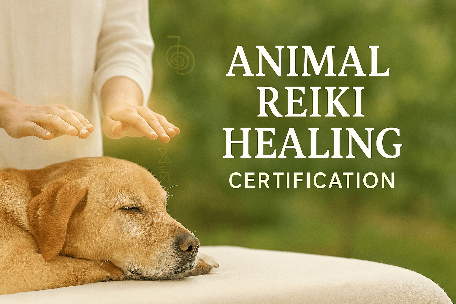 Animal Reiki Healing course banner showing a practitioner gently offering Reiki energy to a relaxed animal in a calming natural setting.