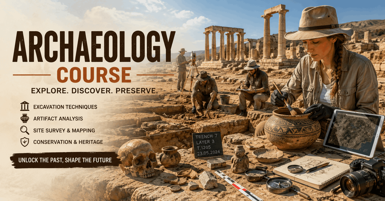 Archaeology Course students exploring an ancient excavation site with archaeological tools and artifacts