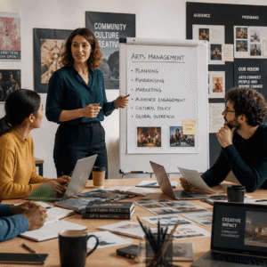 Arts management course showing creative professionals planning cultural projects in a modern workspace
