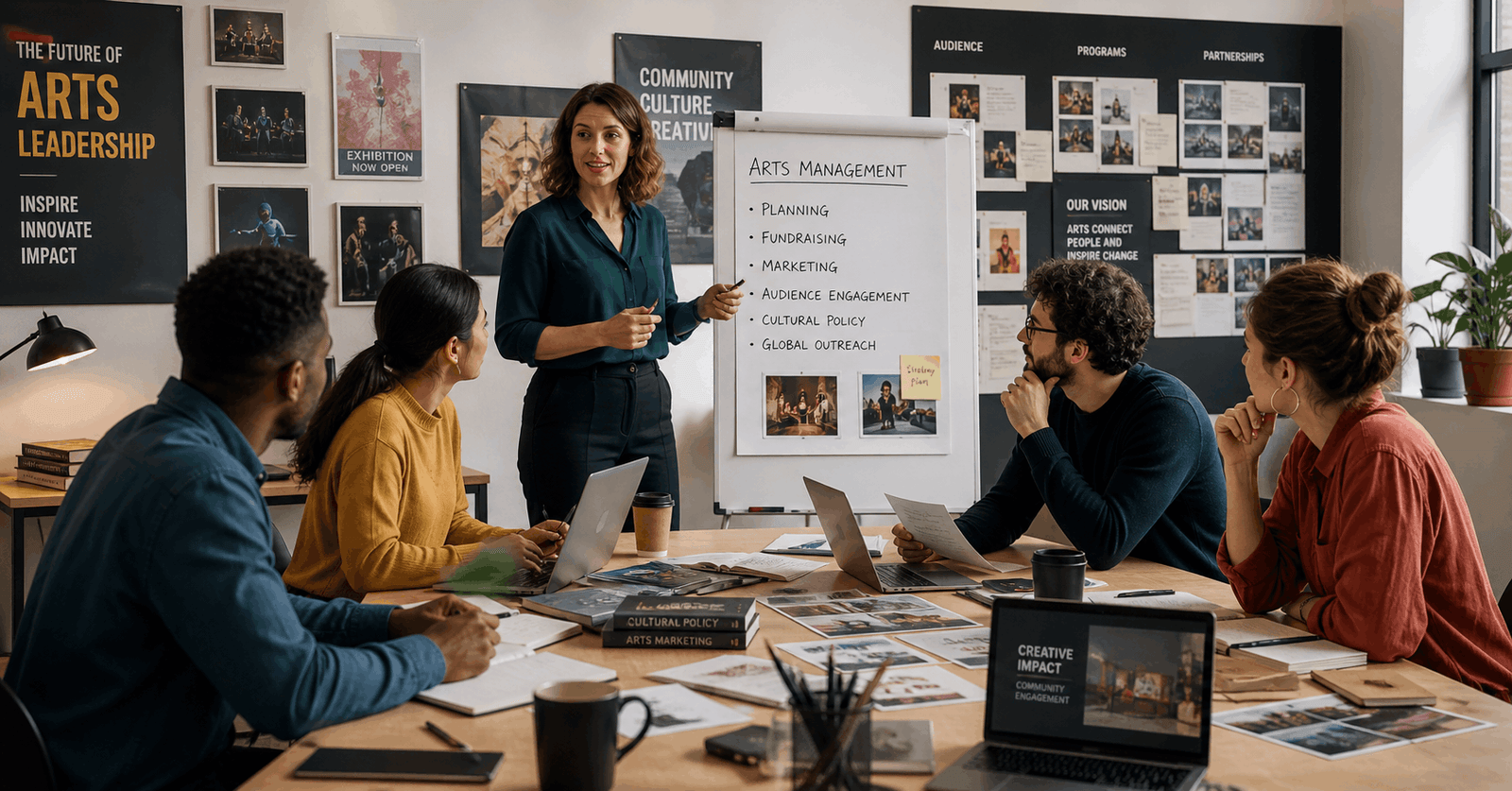 Arts management course showing creative professionals planning cultural projects in a modern workspace