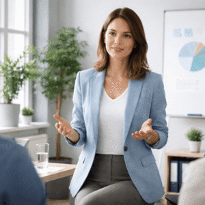 Assertiveness training course showing a confident professional communicating calmly and clearly in a modern workplace setting