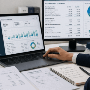 Assistant accountant training professional analysing financial reports and bookkeeping data in a modern office setting