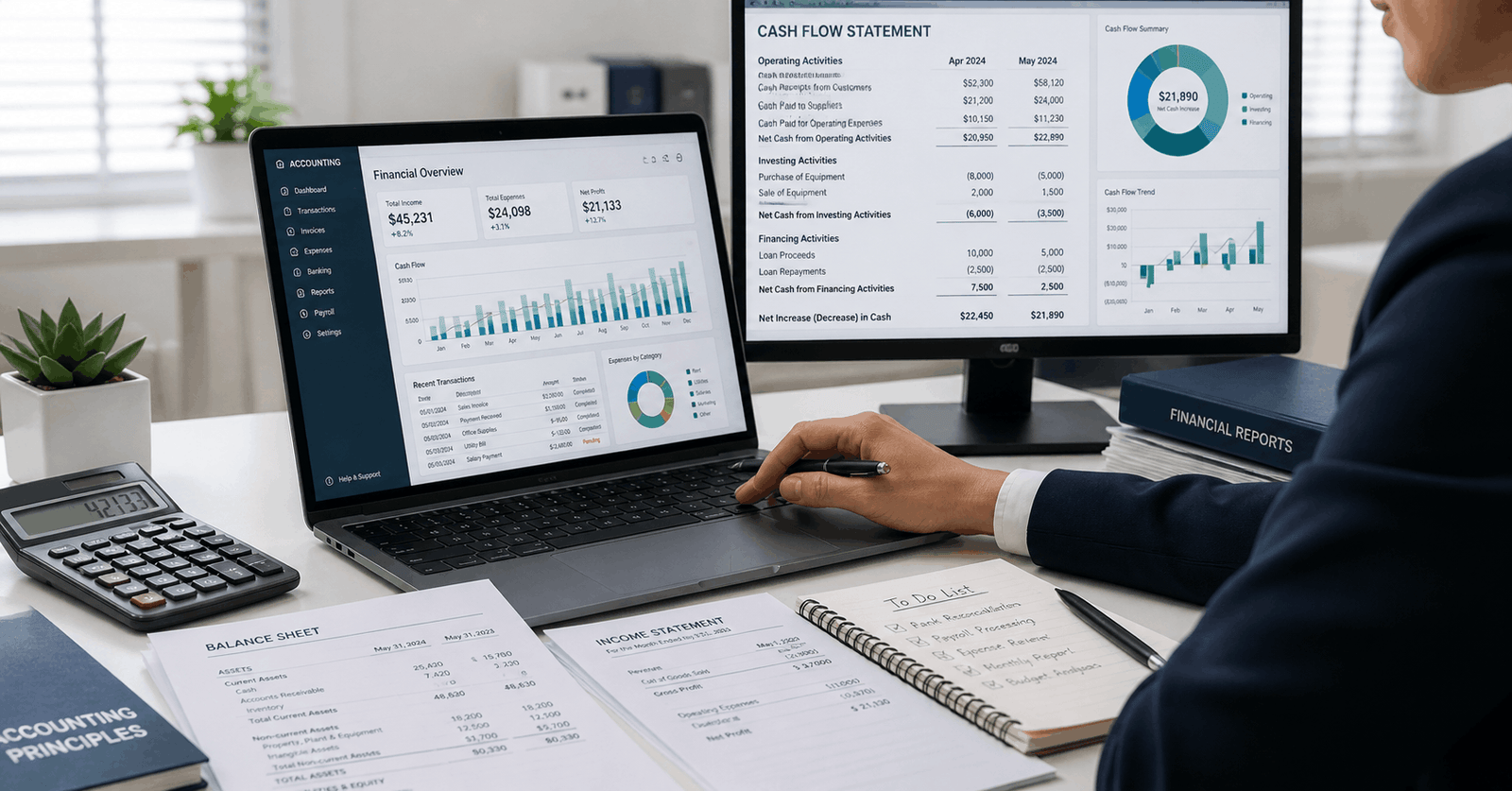 Assistant accountant training professional analysing financial reports and bookkeeping data in a modern office setting