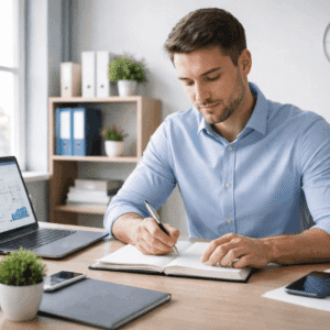 Attention management course showing a focused professional working calmly with minimal distractions in a modern workspace