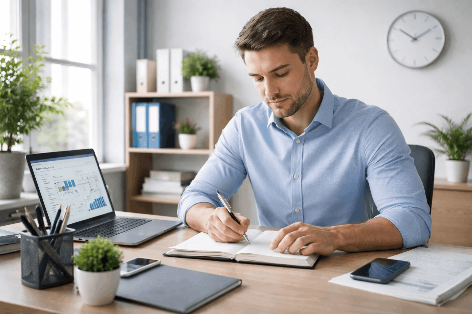 Attention management course showing a focused professional working calmly with minimal distractions in a modern workspace