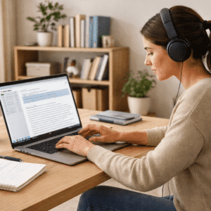 Student using headphones and laptop for audio typing course transcription training