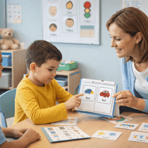 Autism awareness training showing a teacher supporting an autistic child in a calm and inclusive learning environment