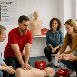 Instructor teaching CPR during basic first aid training and emergency response class