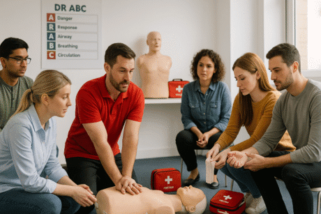 Instructor teaching CPR during basic first aid training and emergency response class