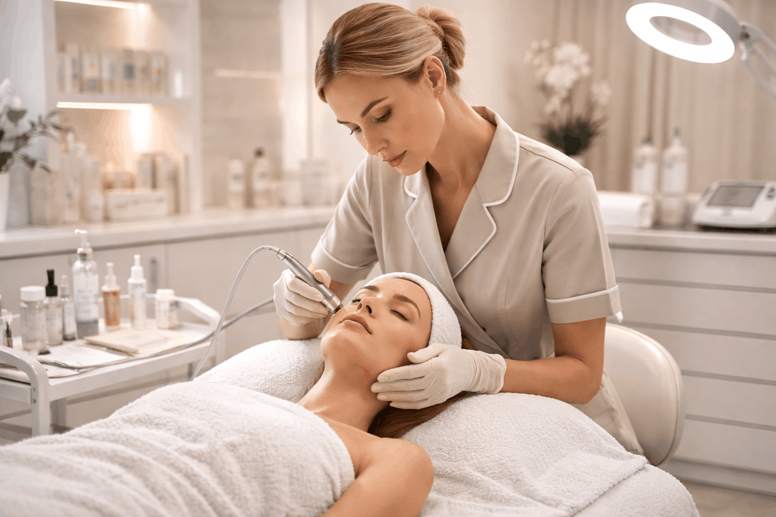 Professional beauty therapist performing advanced facial treatment as part of the Beauty Therapy Advanced Diploma Level 8