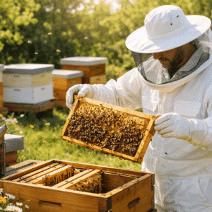 A beekeeper inspecting honeycomb inside a hive during beekeeping training at a modern apiary.