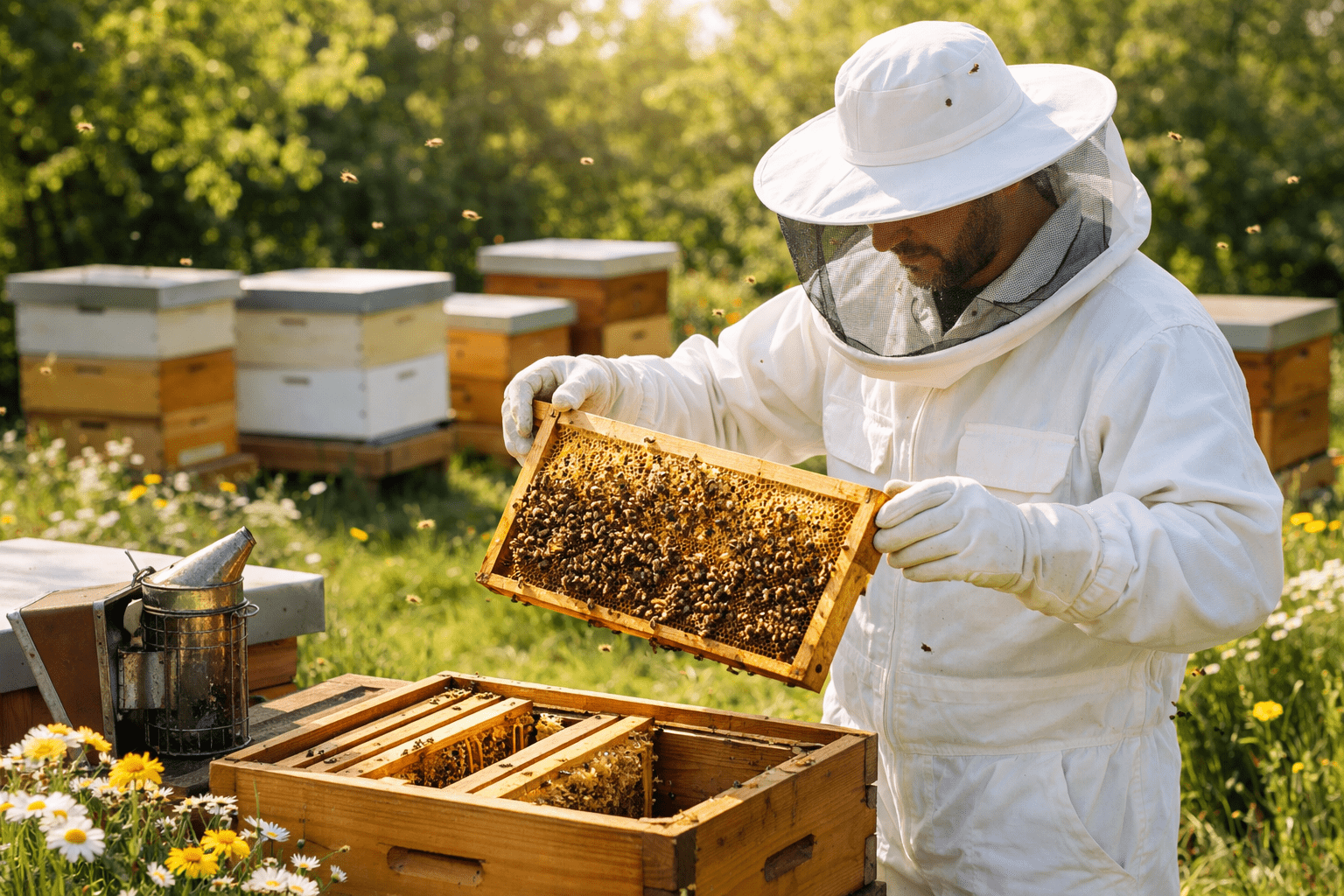 A beekeeper inspecting honeycomb inside a hive during beekeeping training at a modern apiary.