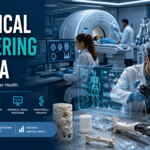 Students and biomedical engineers working with medical devices in a Biomedical Engineering Diploma programme