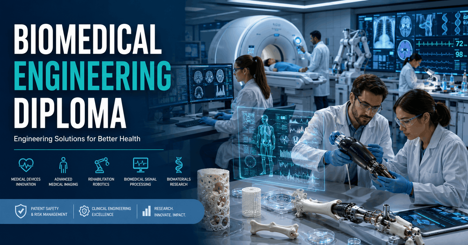 Students and biomedical engineers working with medical devices in a Biomedical Engineering Diploma programme