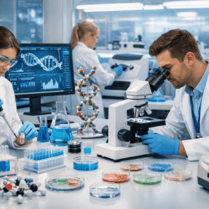 biotechnology training lab showing DNA analysis, microscopes and genetic research equipment