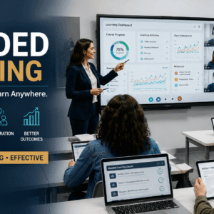 Educator using digital technology and classroom instruction to demonstrate blended learning methods