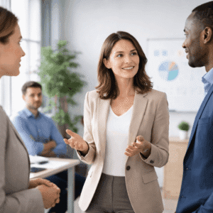 Body language course showing professionals communicating through posture, gestures, eye contact, and facial expressions