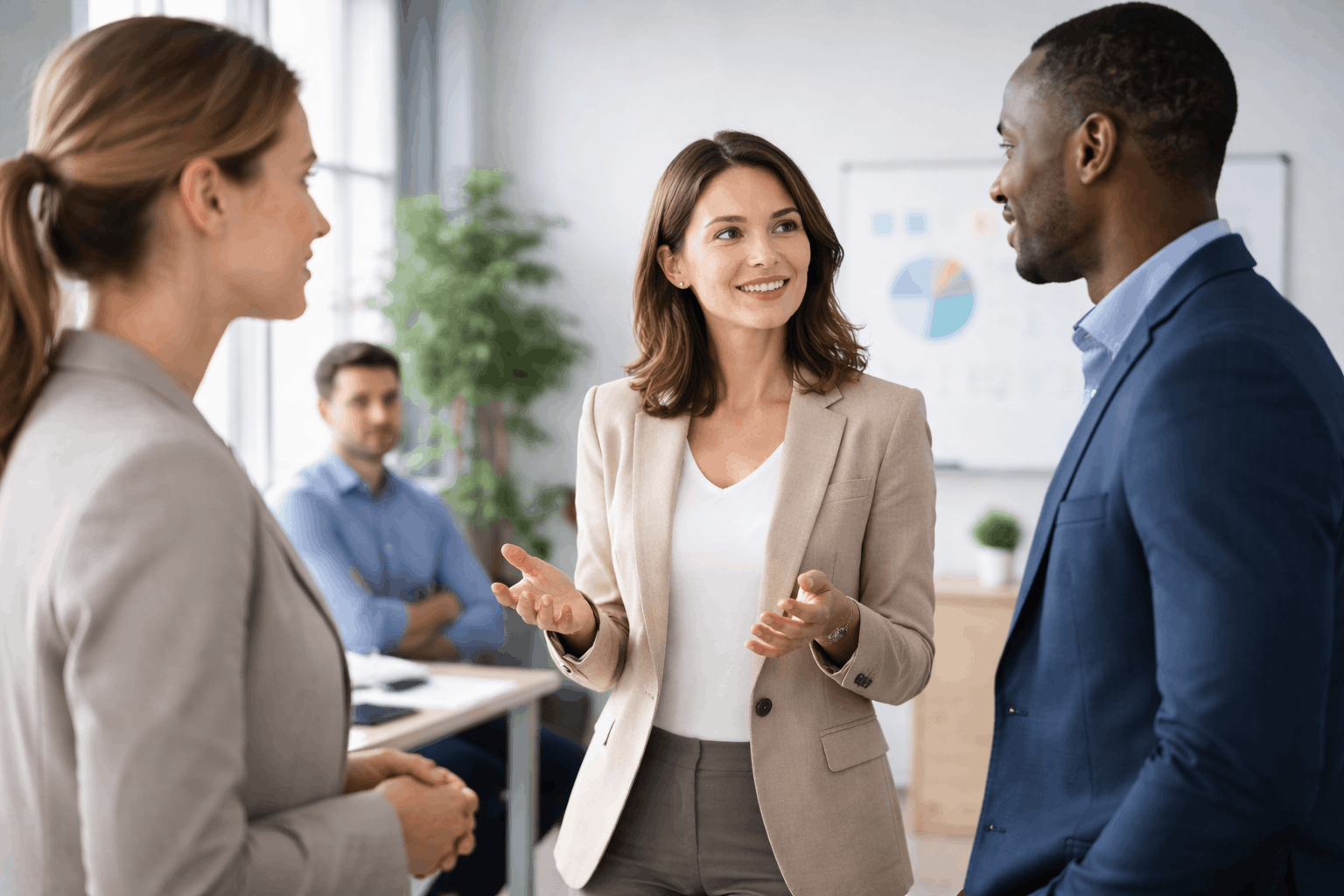 Body language course showing professionals communicating through posture, gestures, eye contact, and facial expressions