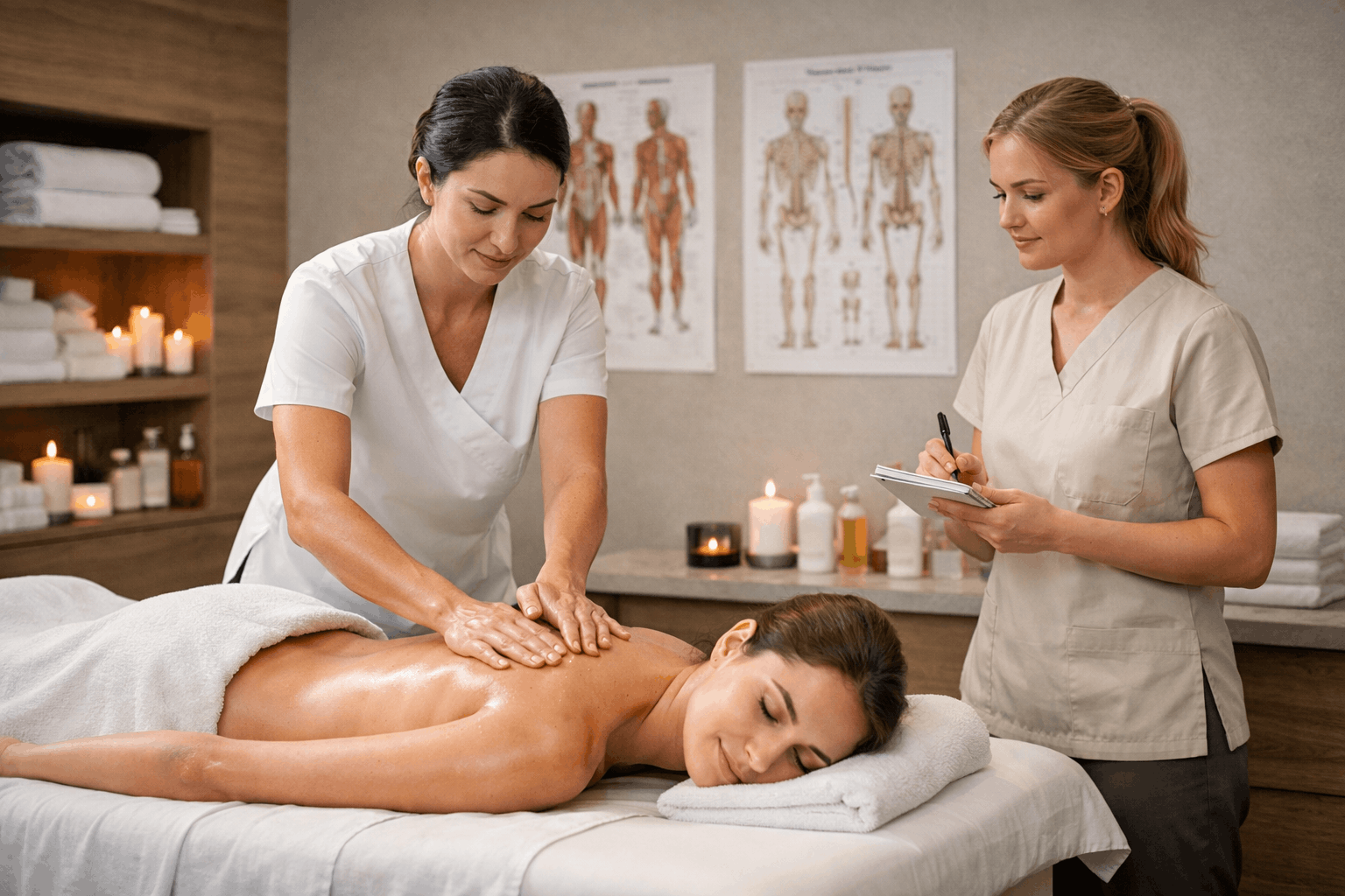 Professional therapist performing full body treatment during a Body Massage Course training session in a modern spa setting.