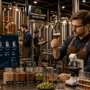 Professional brewer monitoring fermentation tanks and quality testing in a Brewing Diploma training environment