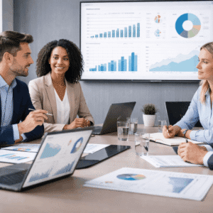 Business acumen course showing professionals analysing data, finances, and strategy in a modern business environment