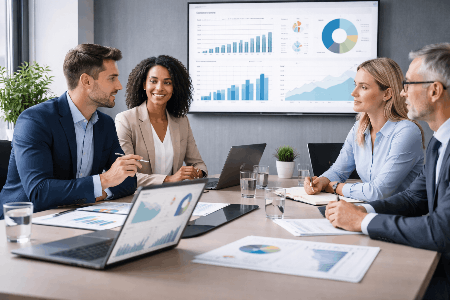 Business acumen course showing professionals analysing data, finances, and strategy in a modern business environment