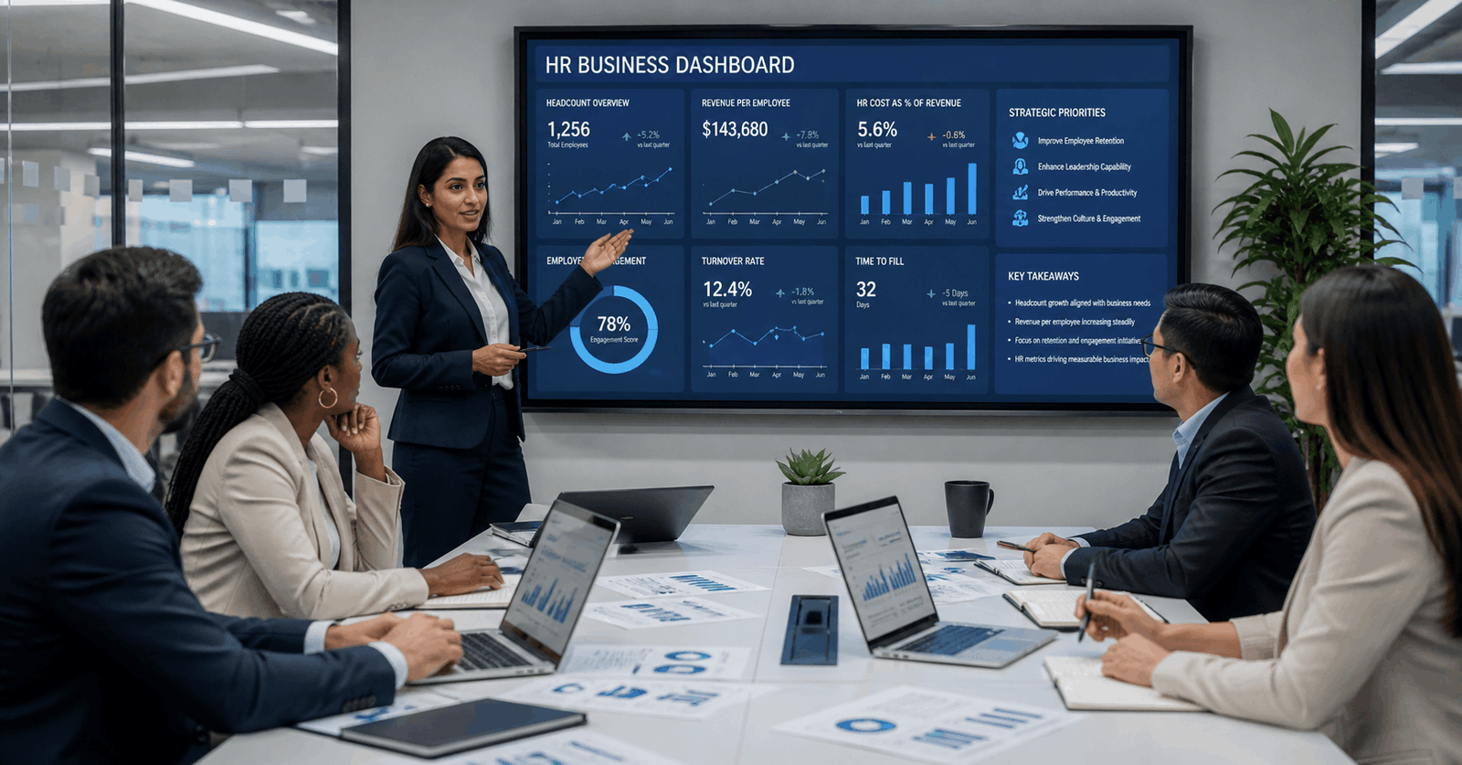 HR professionals analysing business data and strategy dashboards in a modern office setting for business acumen for HR