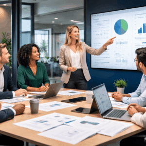 Professionals discussing strategy and performance during business acumen skills training in a modern workplace environment