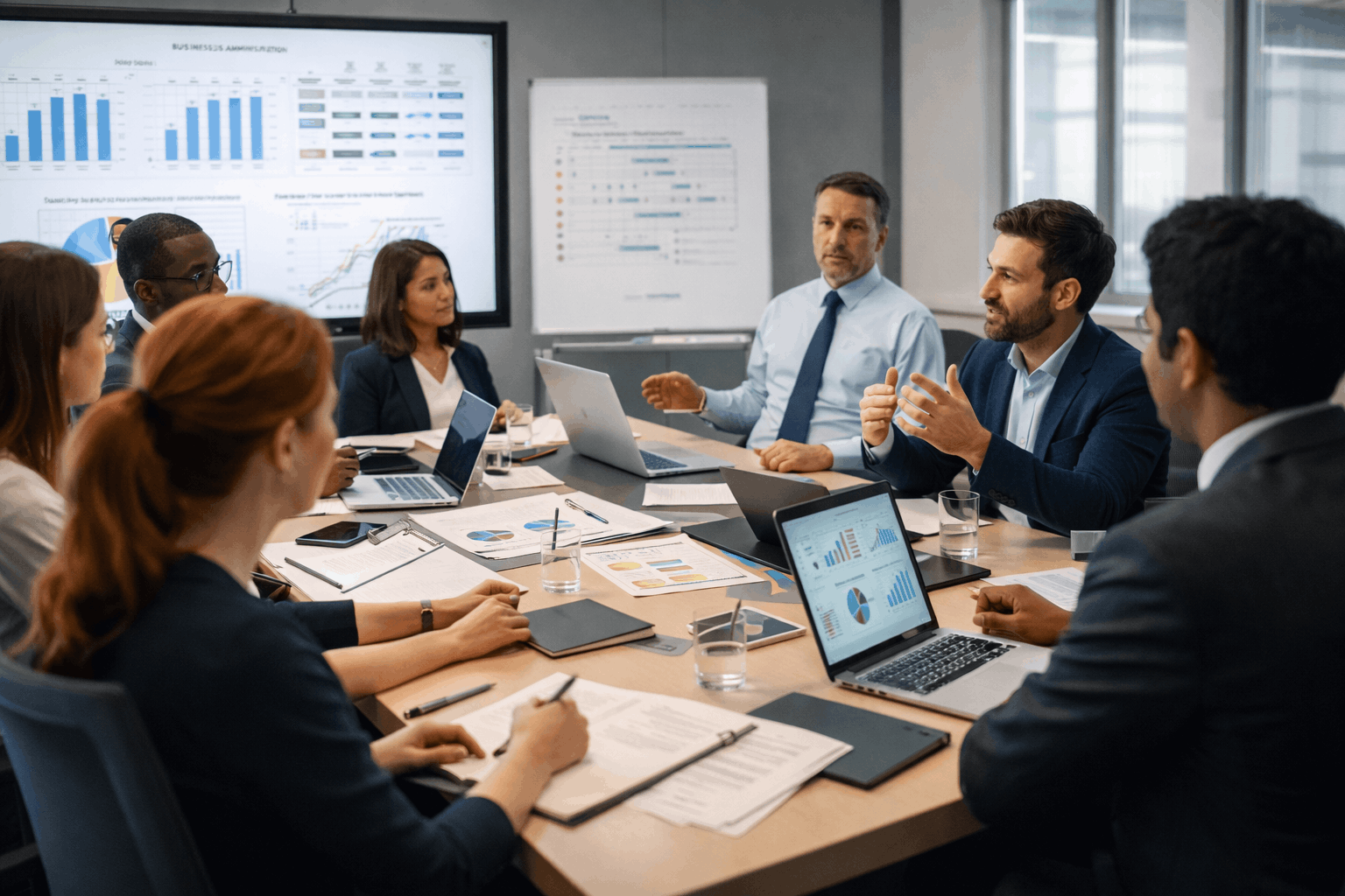 Students studying management and leadership concepts in a Business Administration Diploma Level 3 Advanced classroom